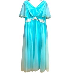 Vintage Ann’s Vogue Shoppe Turquoise With White Appliqué Bell Sleeve Dress Sz L